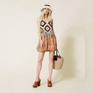 Twinset Actitude short dress with hand-crocheted top cotton muslin boho festival